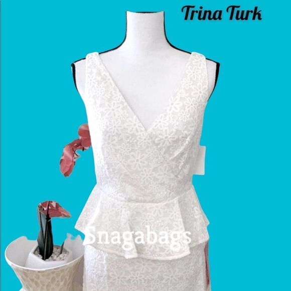TRINA TURK NWT V NECK PEPLUM LACE DRESS WHITE WASH ALL OCCASION - Picture 5 of 9
